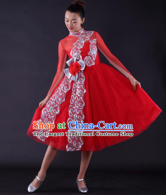 Professional Modern Dance Red Short Dress Opening Dance Compere Stage Performance Costume for Women