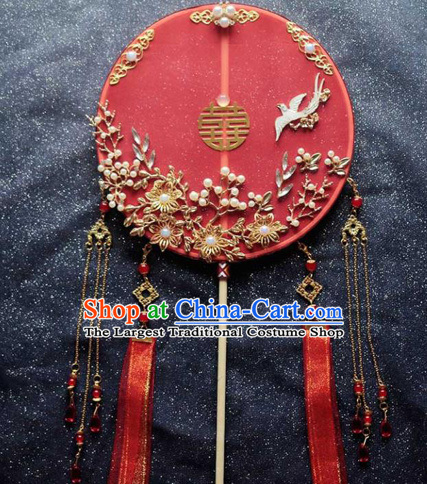 Chinese Traditional Hanfu Red Ribbon Palace Fans Classical Wedding Round Fan for Women