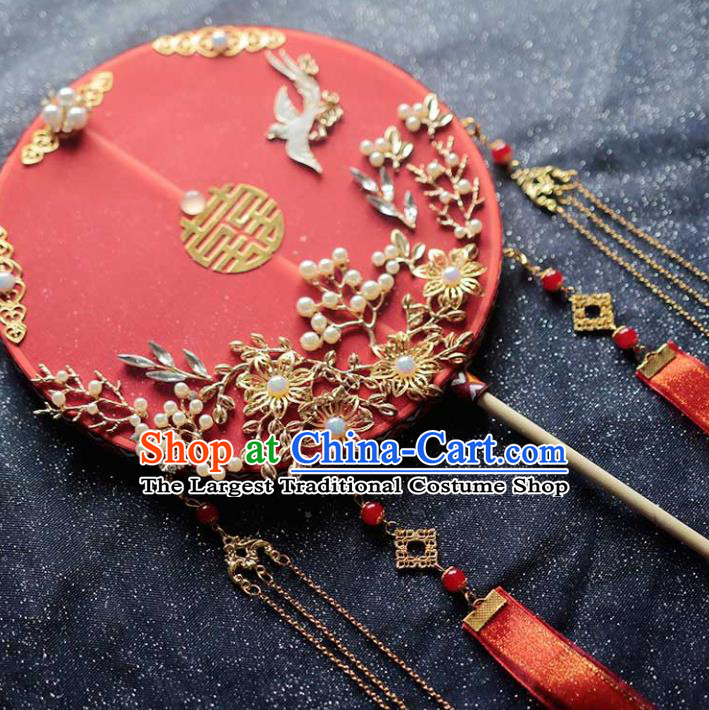 Chinese Traditional Hanfu Red Ribbon Palace Fans Classical Wedding Round Fan for Women
