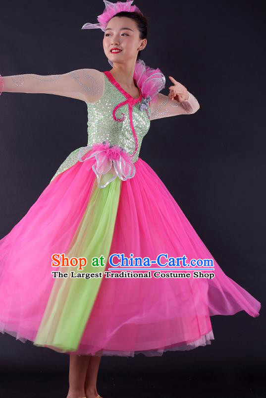 Professional Modern Dance Rosy Veil Dress Opening Dance Compere Stage Performance Costume for Women