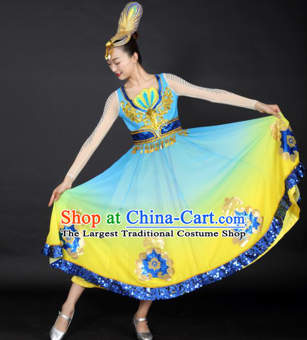 Chinese Uigurian Dance Yellow Dress Traditional Uyghur Nationality Stage Performance Costume for Women