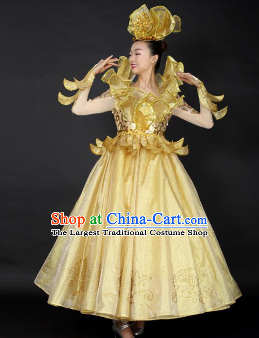 Professional Modern Dance Golden Dress Opening Dance Compere Stage Performance Costume for Women