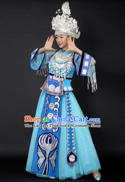 Chinese Hmong Dance Blue Dress Traditional Miao Nationality Stage Performance Costume for Women