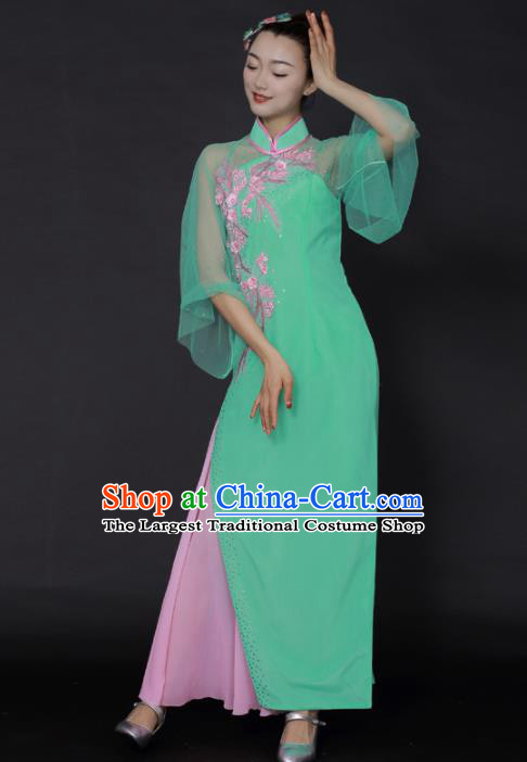 Chinese Classical Dance Green Dress Traditional Fan Dance Stage Performance Costume for Women