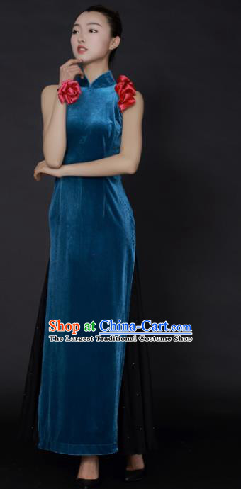 Chinese Classical Dance Blue Velvet Qipao Dress Traditional Fan Dance Stage Performance Costume for Women