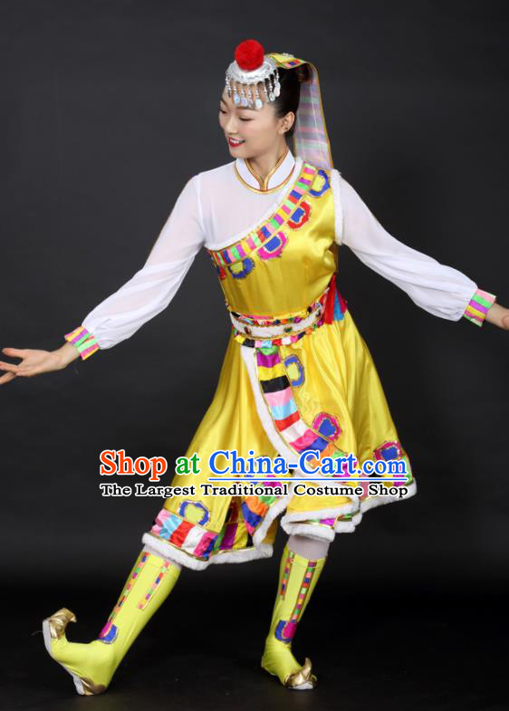 Chinese Tibetan Dance Yellow Dress Traditional Zang Nationality Stage Performance Costume for Women