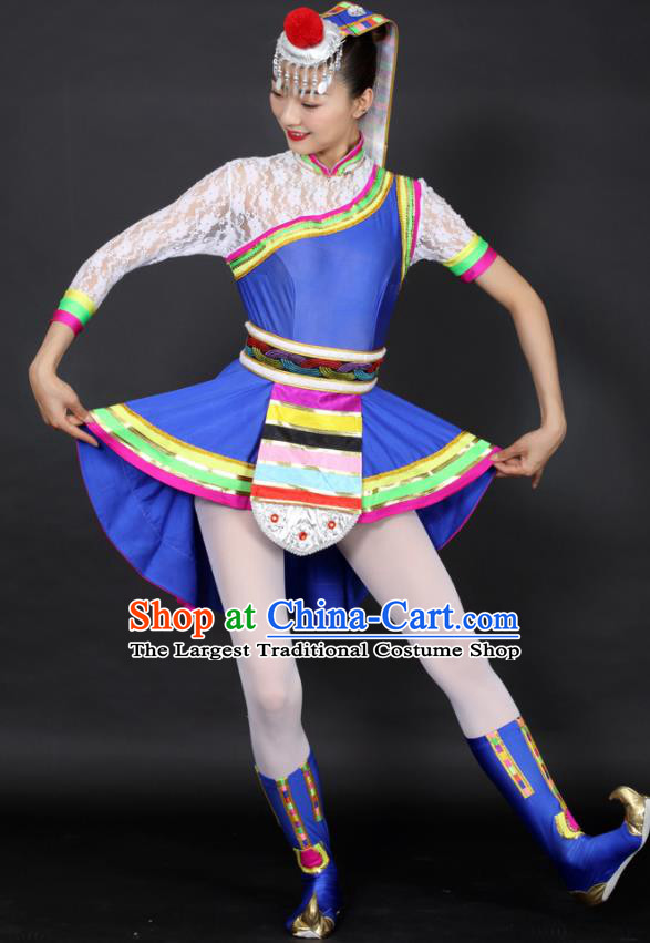 Chinese Tibetan Dance Blue Short Dress Traditional Zang Nationality Stage Performance Costume for Women