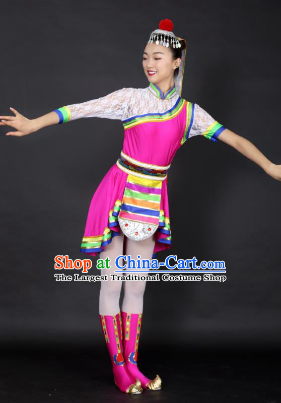 Chinese Tibetan Dance Rosy Short Dress Traditional Zang Nationality Stage Performance Costume for Women