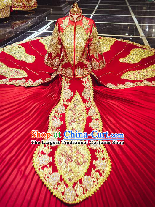 Chinese Traditional Embroidered Trailing Red Xiuhe Suits Wedding Dress Ancient Bride Costume for Women