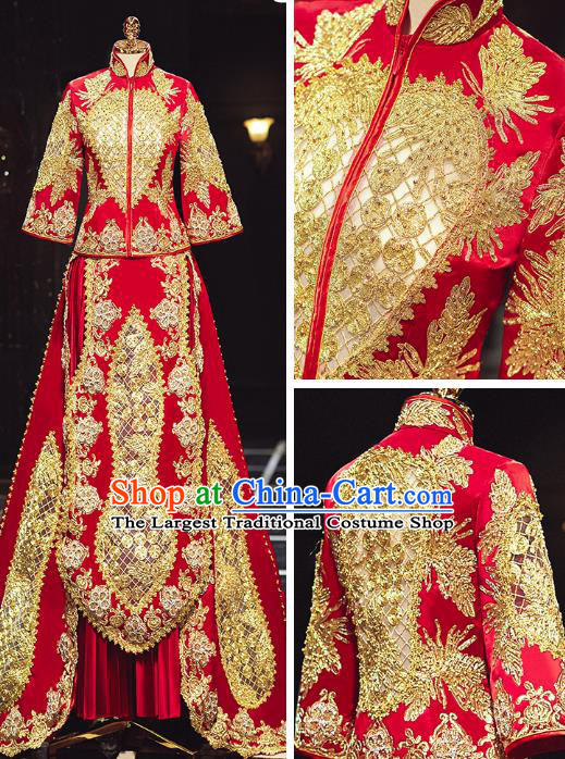 Chinese Traditional Embroidered Trailing Red Xiuhe Suits Wedding Dress Ancient Bride Costume for Women