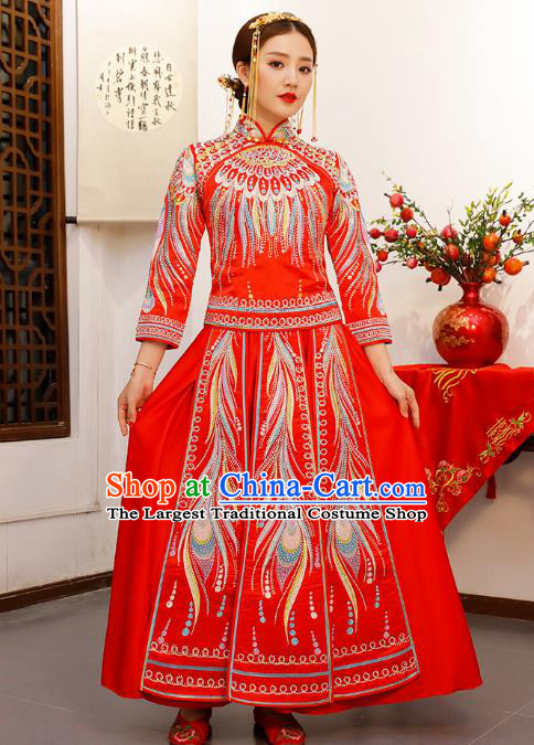 Chinese Embroidered Red Longfeng Flown Xiuhe Suits Traditional Wedding Bride Dress Ancient Costume for Women