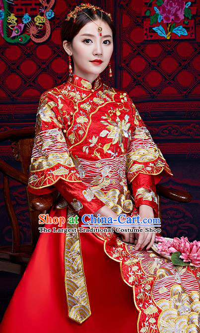 Chinese Ancient Wedding Embroidered Longfeng Flown Xiuhe Suits Traditional Bride Dress Costume for Women