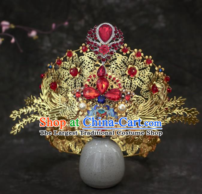 Chinese Traditional Wedding Red Crystal Phoenix Coronet and Tassel Hairpins Hair Accessories for Women
