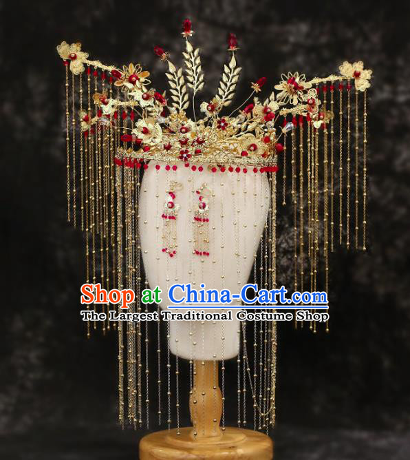 Chinese Traditional Wedding Golden Phoenix Coronet Tassel Hairpins Hair Accessories for Women