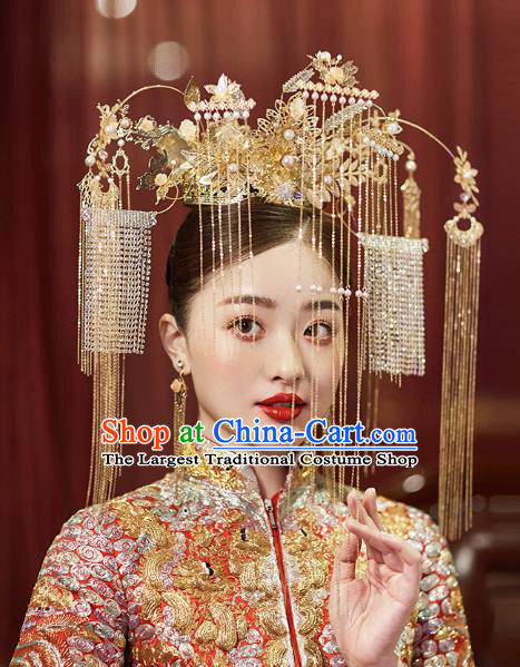 Chinese Traditional Wedding Bride Golden Phoenix Coronet Tassel Hairpins Hair Accessories for Women