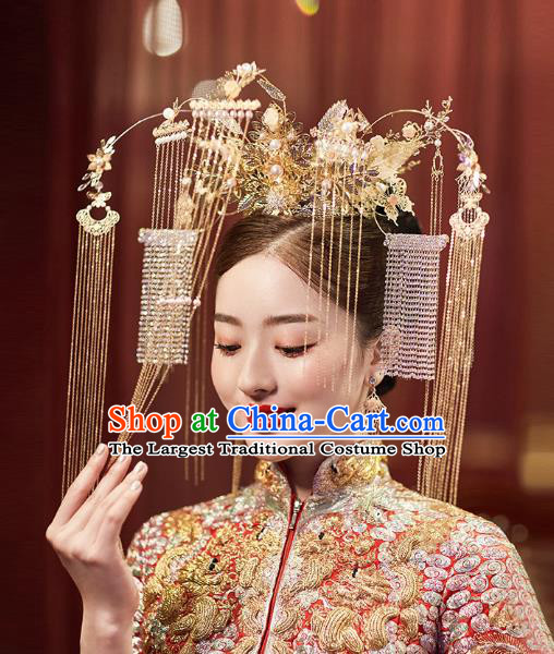 Chinese Traditional Wedding Bride Golden Phoenix Coronet Tassel Hairpins Hair Accessories for Women