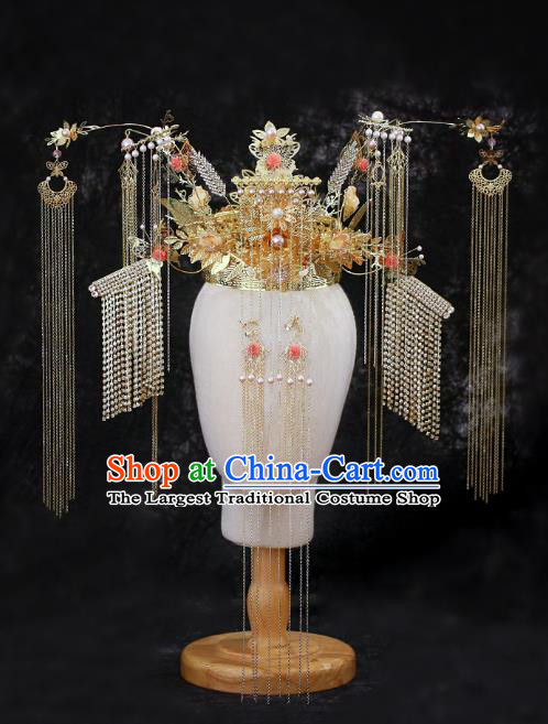 Chinese Traditional Wedding Bride Golden Phoenix Coronet Tassel Hairpins Hair Accessories for Women
