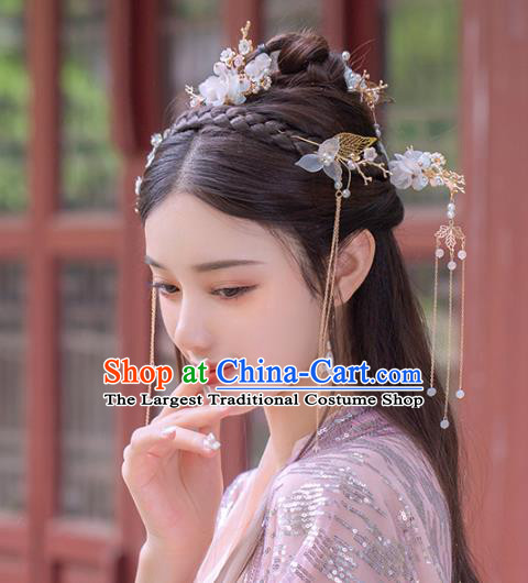 Chinese Traditional Hanfu White Flowers Hair Comb and Tassel Hairpin Ancient Hair Accessories for Women