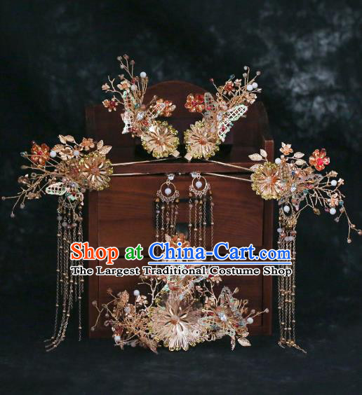 Chinese Traditional Hanfu Golden Hair Comb and Tassel Hairpins Ancient Hair Accessories for Women