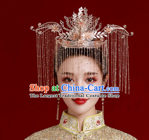 Chinese Traditional Wedding Bride Golden Phoenix Coronet Tassel Hairpins Hair Accessories for Women