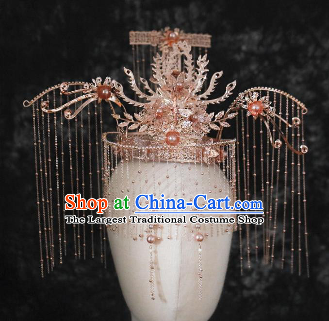 Chinese Traditional Wedding Bride Golden Phoenix Coronet Tassel Hairpins Hair Accessories for Women
