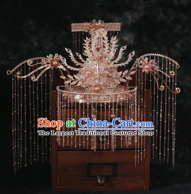 Chinese Traditional Wedding Bride Golden Phoenix Coronet Tassel Hairpins Hair Accessories for Women