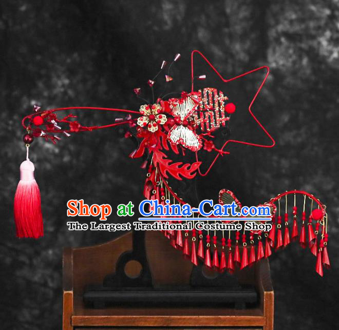 Chinese Traditional Red Tassel Palace Fans Handmade Classical Hanfu Wedding Fan for Women