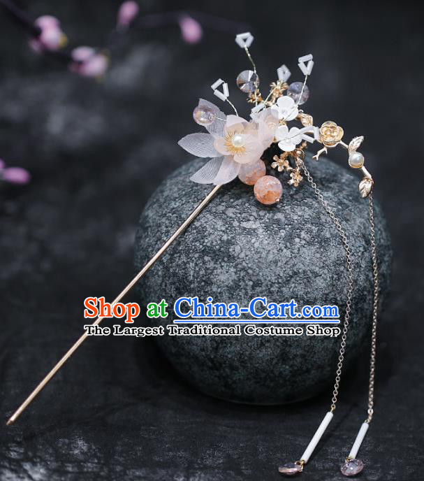 Chinese Traditional Hanfu Pink Silk Flower Tassel Hairpins Ancient Hair Accessories for Women