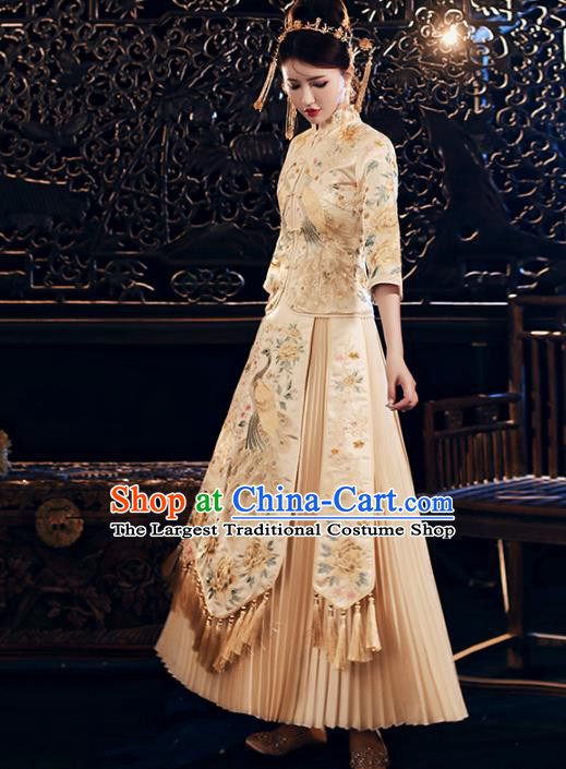 Chinese Traditional Embroidered Peacock Golden Xiuhe Suits Wedding Dress Ancient Bride Costume for Women