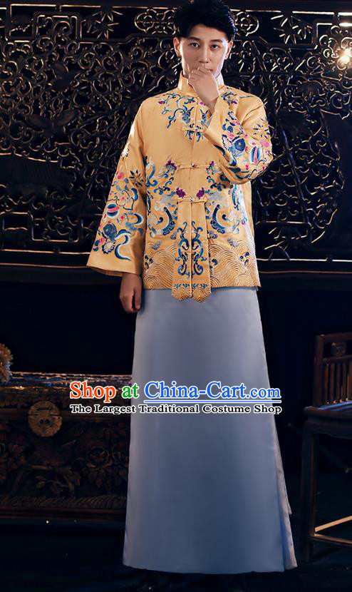 Chinese Traditional Embroidered Golden Mandarin Jacket and Robe Wedding Tang Suit Ancient Bridegroom Costume for Men