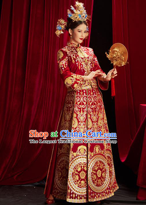 Chinese Traditional Bride Embroidered Red Xiuhe Suits Wedding Dress Ancient Costume for Women