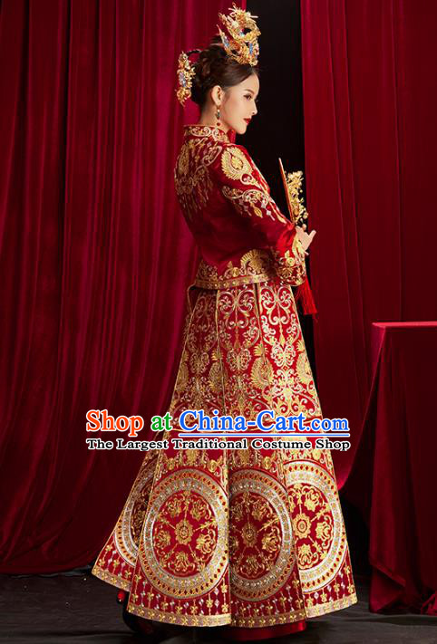 Chinese Traditional Bride Embroidered Red Xiuhe Suits Wedding Dress Ancient Costume for Women