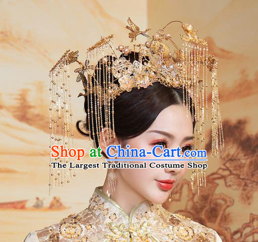 Chinese Traditional Wedding Golden Crane Tassel Phoenix Coronet Hair Accessories for Women