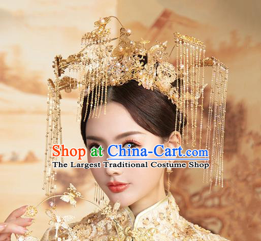 Chinese Traditional Wedding Golden Crane Tassel Phoenix Coronet Hair Accessories for Women