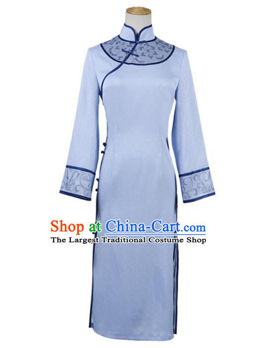 Traditional Chinese Qing Dynasty Embroidered Blue Qipao Dress Costume Ancient Princess Hanfu Dress for Women