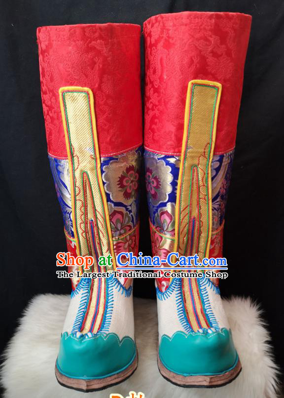 Handmade Chinese Zang Nationality Green Leather Boots Traditional Tibetan Ethnic Shoes for Women
