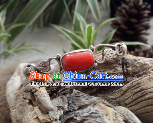 Chinese Zang Nationality Coral Carving Silver Leaf Bracelet Handmade Traditional Tibetan Ethnic Jewelry Accessories for Women