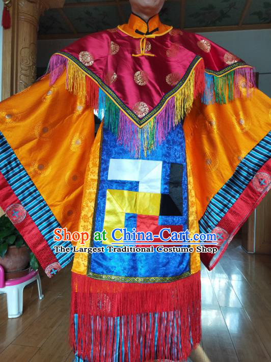 Chinese Zang Nationality Priest Blue Costumes Traditional Tibetan Ethnic Folk Dance Clothing Complete Set
