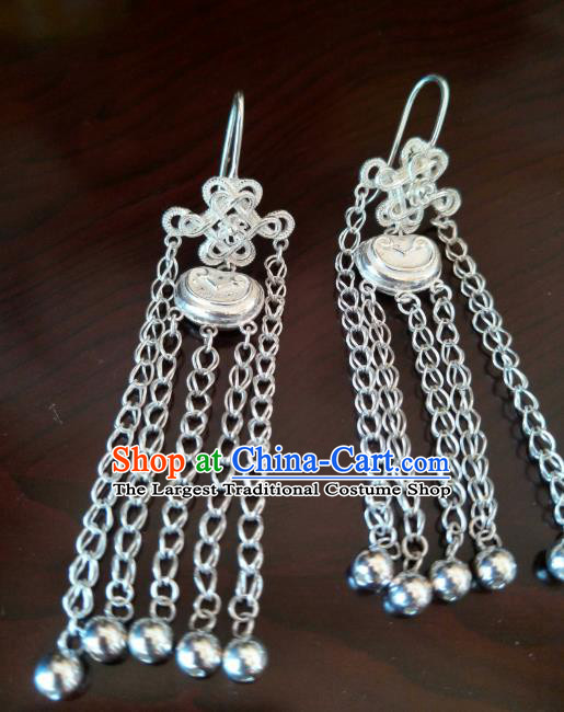 Handmade Chinese Zang Nationality Bells Tassel Silver Earrings Traditional Tibetan Ethnic Accessories for Women