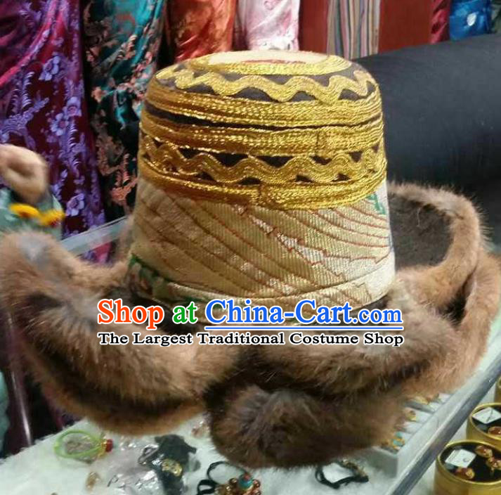 Handmade Chinese Zang Nationality Yellow Hat Traditional Tibetan Ethnic Hair Accessories for Men