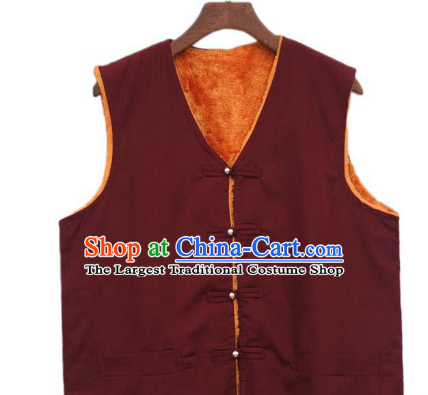 Chinese Tibetan Buddhism Wine Red Woolen Vest Traditional Monk Waistcoat Upper Outer Garment for Men