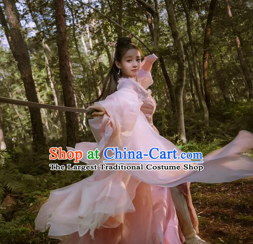 Chinese Ancient Female Swordsman Historical Television Bloody Romance Wan Mei Pink Dress and Headpiece for Women