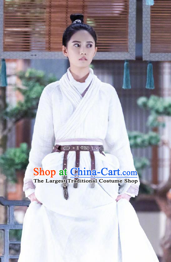 Chinese Ancient Female Swordsman Yuan Qingli White Hanfu Dress Drama The Love Lasts Two Minds Costume and Headpiece for Women