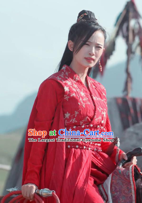 Chinese Ancient Swordswoman Zhang Jing Red Hanfu Dress Drama Handsome Siblings Costume and Headpiece for Women