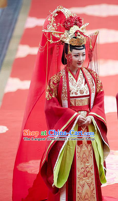Chinese Historical Drama Swords of Legends Ancient Princess Zhaoning Wedding Costume and Headpiece for Women
