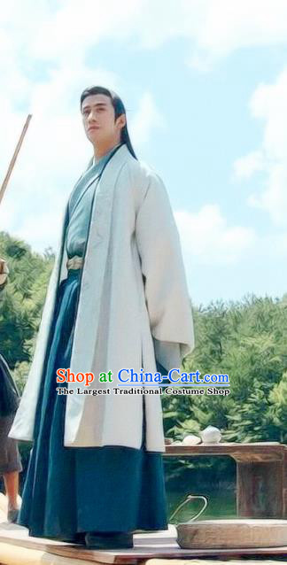 Chinese Drama Princess Silver Ancient Prince Wu You Blue Historical Costume and Headwear for Men