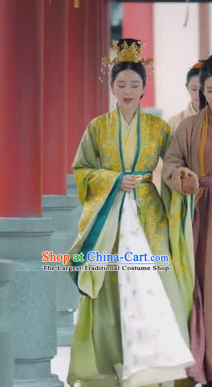 Chinese Ancient Royal Empress Rong Le Green Historical Drama Princess Silver Costume and Headpiece for Women