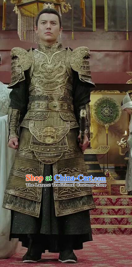 Chinese Drama Legend of the Phoenix Ancient Emperor Pang Tong Armor Historical Costume and Headwear for Men