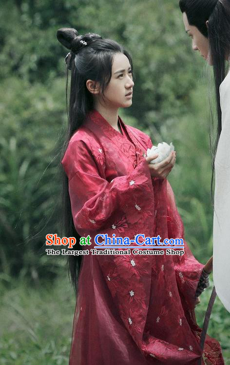 Chinese Ancient Demon Swordsman Shu Jingrong Red Hanfu Dress Historical Drama Listening Snow Tower Costume and Headpiece for Women