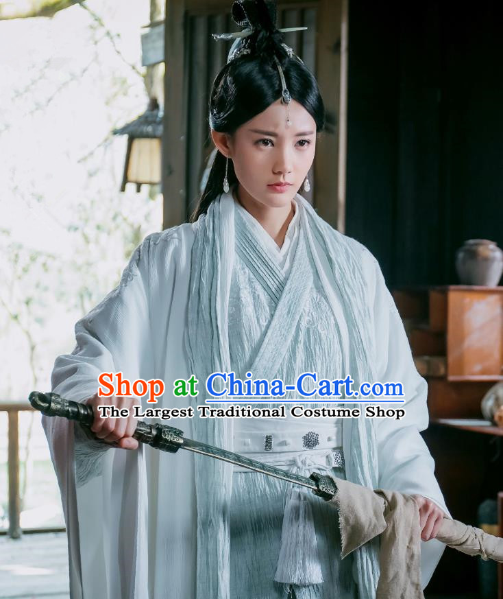 Chinese Ancient Female Swordsman Dress Historical Drama Sword Dynasty Gongsun Qianxue Costume and Headpiece for Women